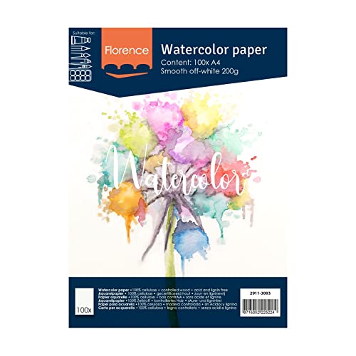 Florence Akvarellpapper Slätt, Vattenfärgspapper för Akvarelltekniker A4, Benvit, Akvarellark Målning, Scrapbooking och Pappershantverk, 200 Gsm 8716052225224