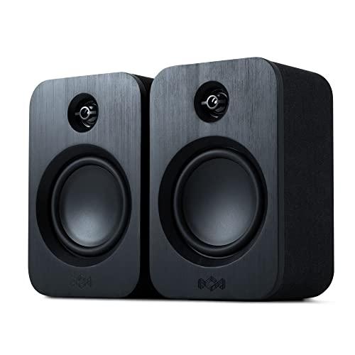 House of Marley Get Together Duo Bluetooth Bookshelf Speakers, Hållbart tillverkade, trådlösa skivspelarhögtalare, nätaggregat eller 25 timmars batteritid, AUX In, Amazon Exclusive Black Edition 846885011218