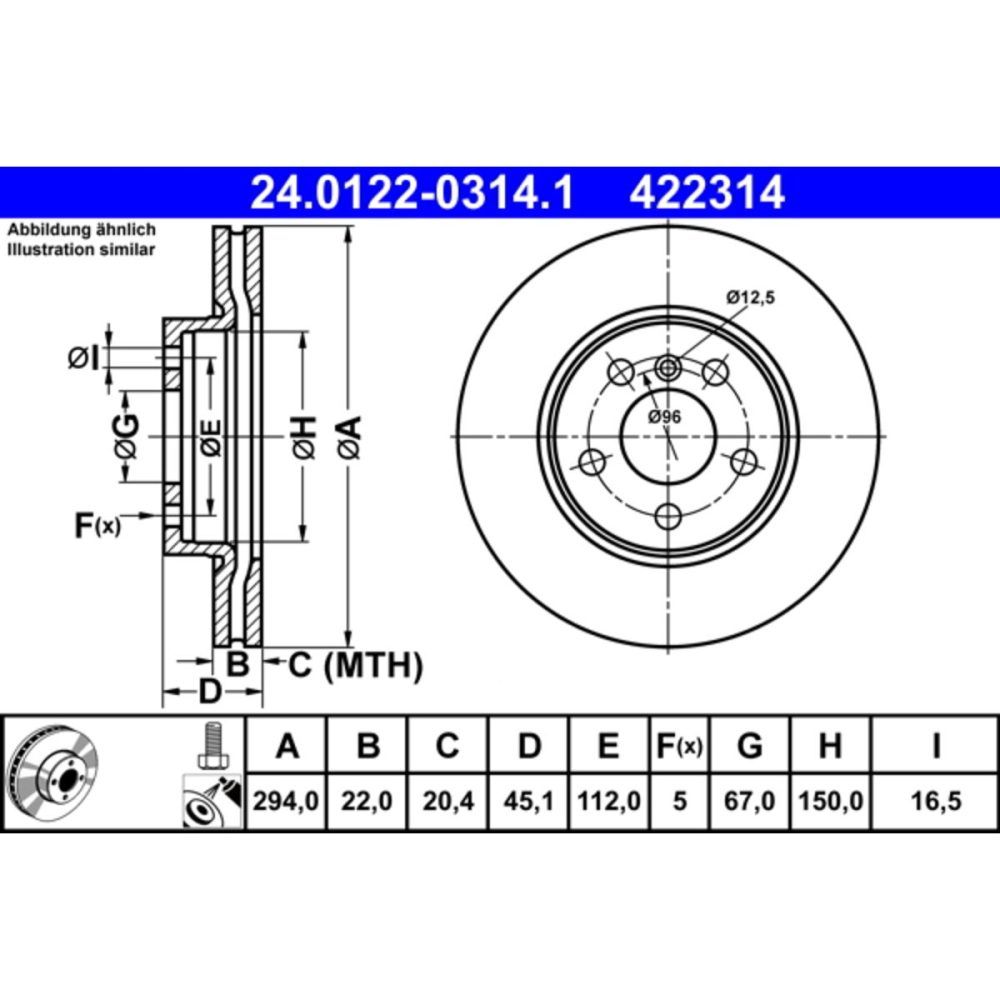 ATE 24.0122 0314.1 Disque de frein 294 22,0 5 112,0 ventilé revêtu à haute teneur en carbone avec vis/boulons MINI: 3/5 portes, Countryman, Clubman 4006633479332