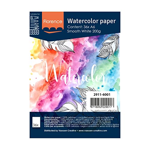 Florence Akvarellpapper Slätt, Vattenfärgspapper för Akvarelltekniker A6, Vit, Akvarellark Målning, Scrapbooking och Pappershantverk, 200 Gsm 8716052229017