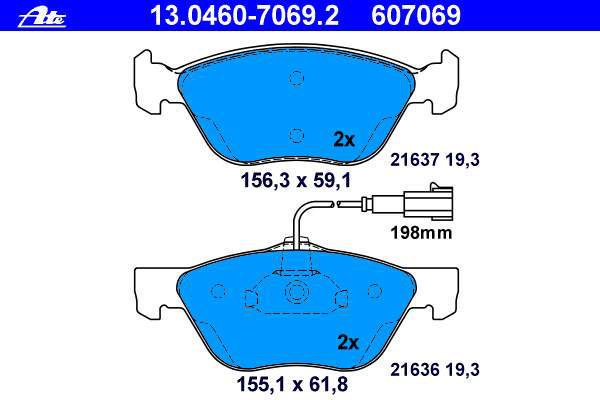 ATE 13.0460 7069.2 Jeu de plaquettes frein contact signal d'usure inclus ALFA ROMEO: 156 Sportwagon, Berline, GTV, FIAT: Multipla, Coupe 4006633271714