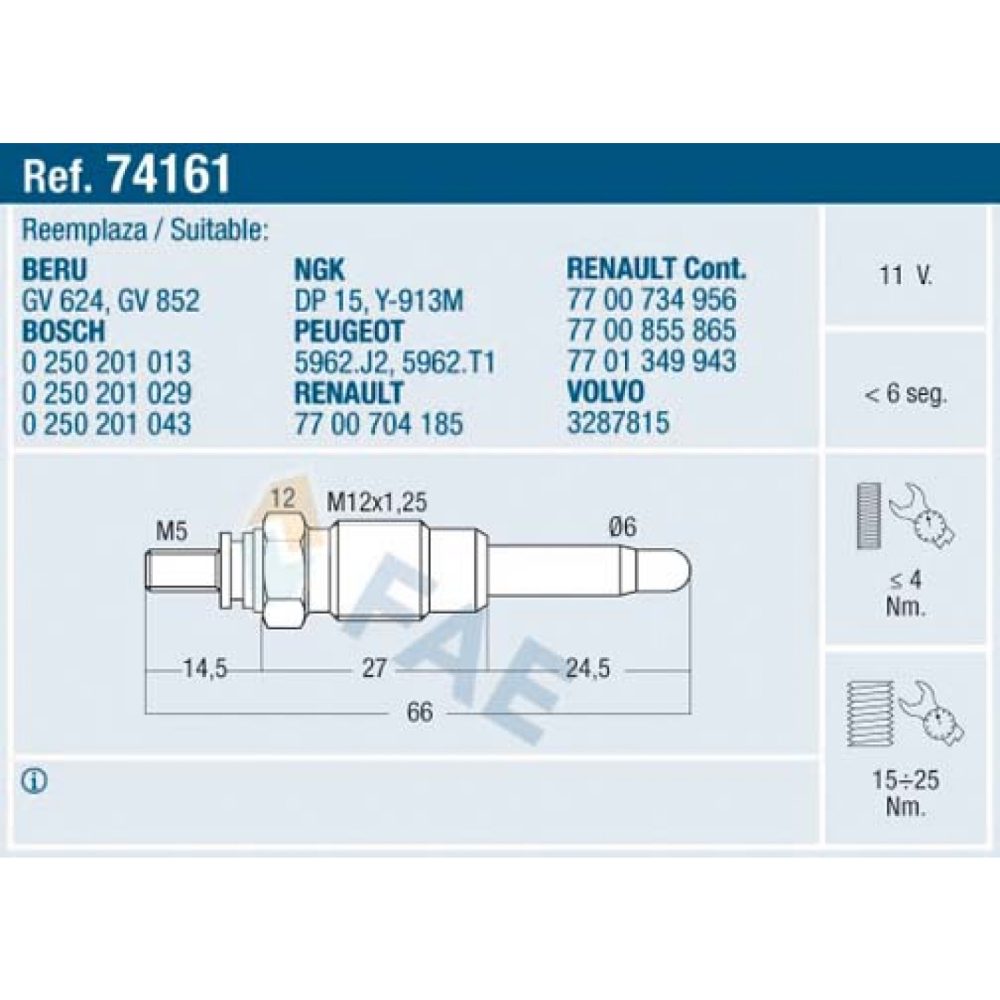 FAE 74161 Bougie de préchauffage 11V M 12x1,25 RENAULT: ESPACE 2, CLIO 1, Rapid, JEEP: Cherokee II 8435050616253