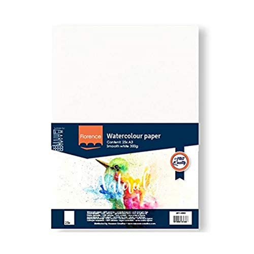 Florence Akvarellpapper Slätt, Vattenfärgspapper för Akvarelltekniker A3, Vit, Akvarellark Målning, Scrapbooking och Pappershantverk, 300 Gsm 8716052231348