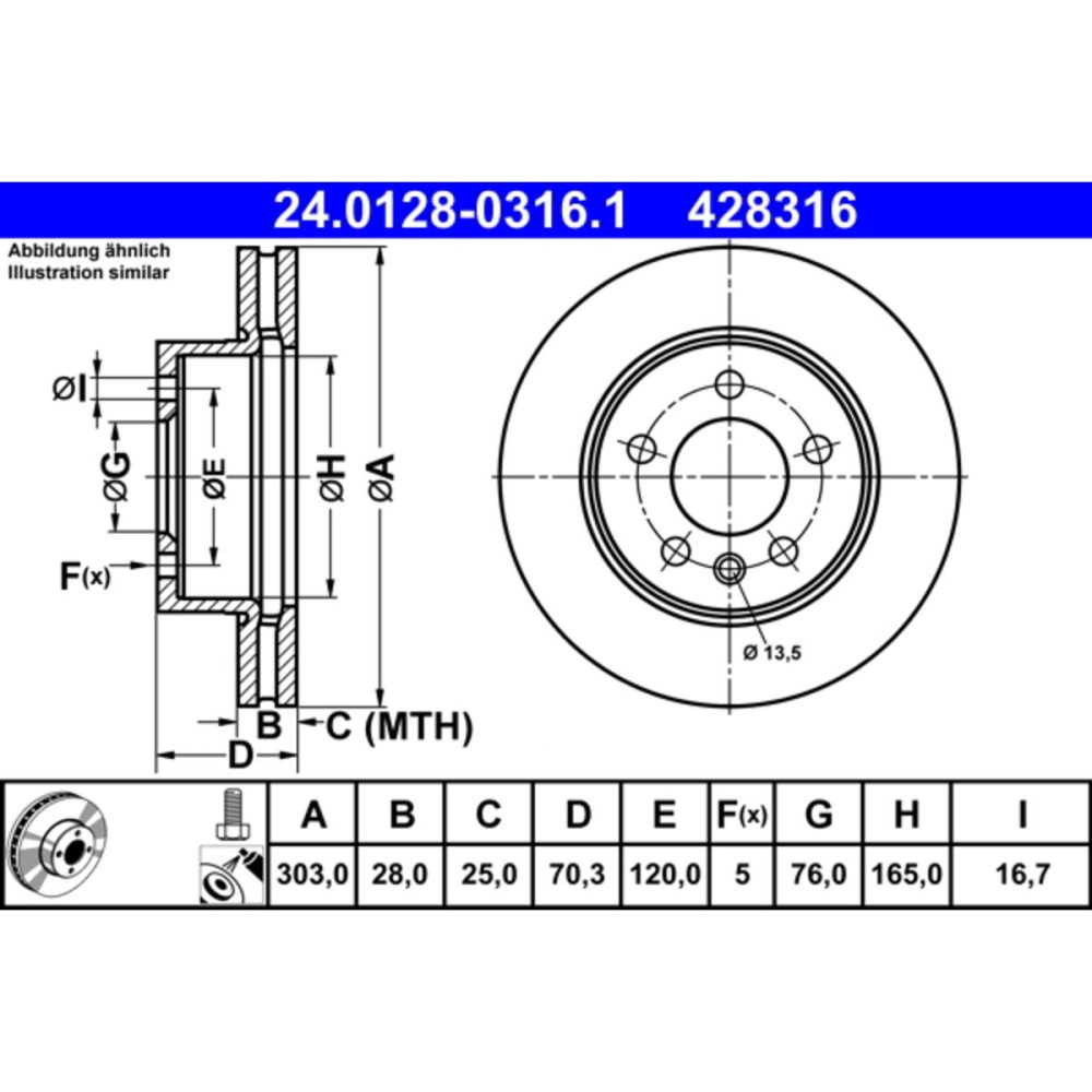 ATE 24.0128 0316.1 Disque de frein 303,0 28,0 5 120,0 ventilé revêtu à haute teneur en carbone avec vis/boulons VOLKSWAGEN: Crafter Van 4006633473019