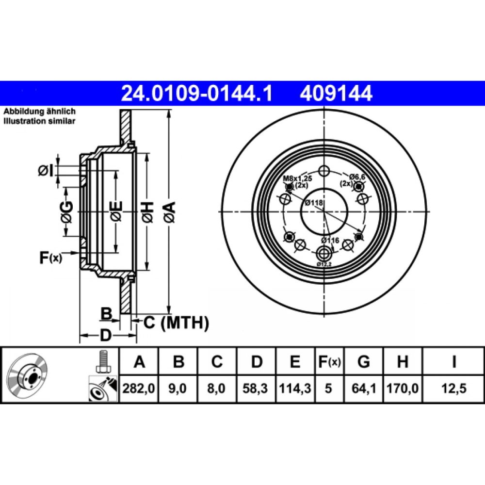 ATE 24.0109 0144.1 Disque de frein 282,0 9,0 5 114,3 plein revêtu avec vis/boulons HONDA: CR V 2 4006633242264