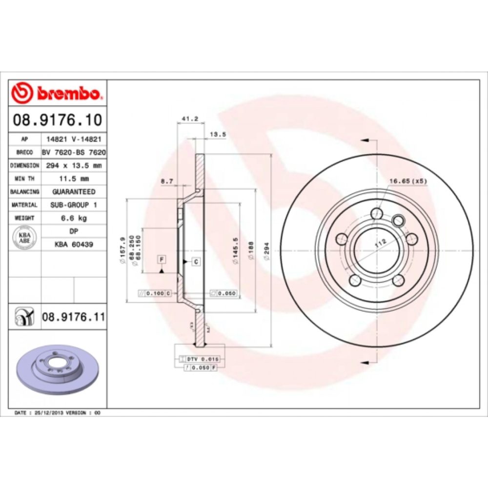 BREMBO COATED DISC LINE 08.9176.11 Disque de frein 294 13,5 5 plein revêtu VOLKSWAGEN: Transporter 4 Bus, 4, Sharan I, SEAT: Alhambra I 8020584030486