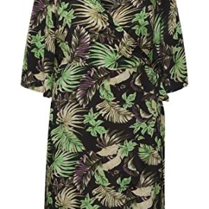 Kaffe Curve Plus size dam omslagsklänning knälängd tre kvartalsärmar, grön/svart/lila palmtryck, 46/Stor 5715296599453 Kaffe Curve Plus size dam omslagsklänning knälängd tre kvartalsärmar, grön/svart/lila palmtryck, 46/Stor 5715296599453