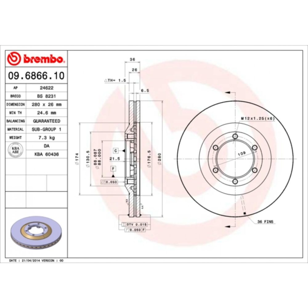 BREMBO 09.6866.10 Disque de frein 280 26 6 ventilé l'intérieur OPEL: Frontera B SUV, A Sport SUV Cabriolet, 8020584686614