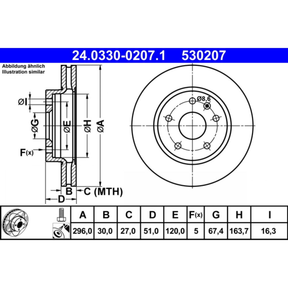 ATE PowerDisc 24.0330 0207.1 Disque de frein 296,0 30,0 5 120,0 ventilé revêtu allié/carbonisé avec vis/boulons OPEL: Insignia A Sports Tourer 4006633418980